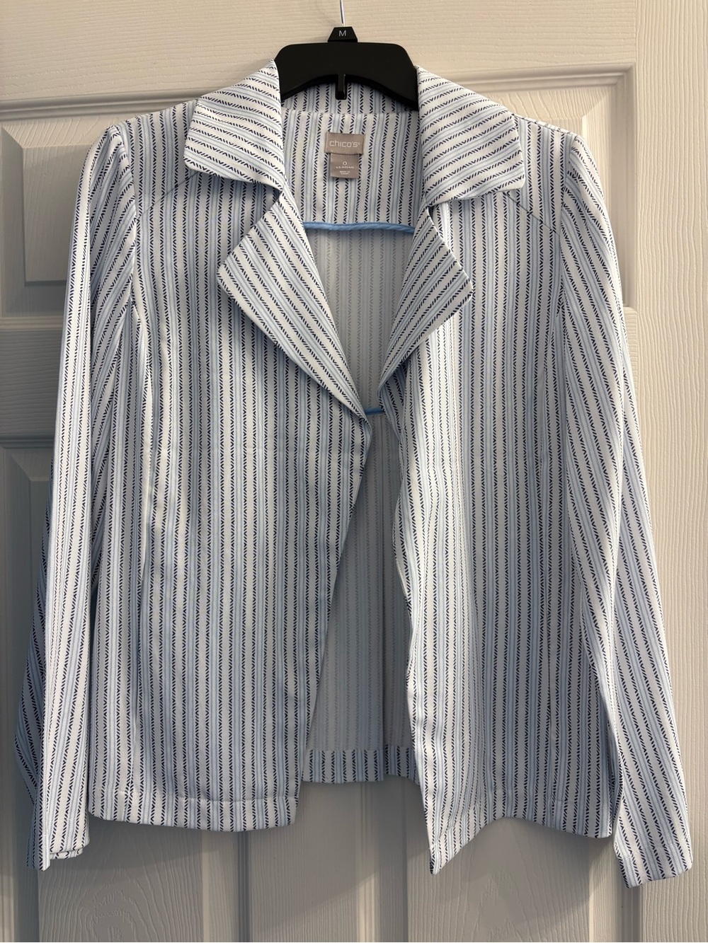 Chico's White and Blue Striped Open Blazer